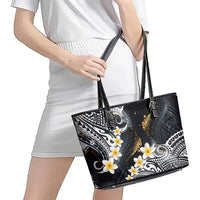 Polynesian Tribal Tattoo Leather Tote Bag Plumeria Black Gold Marble Pattern