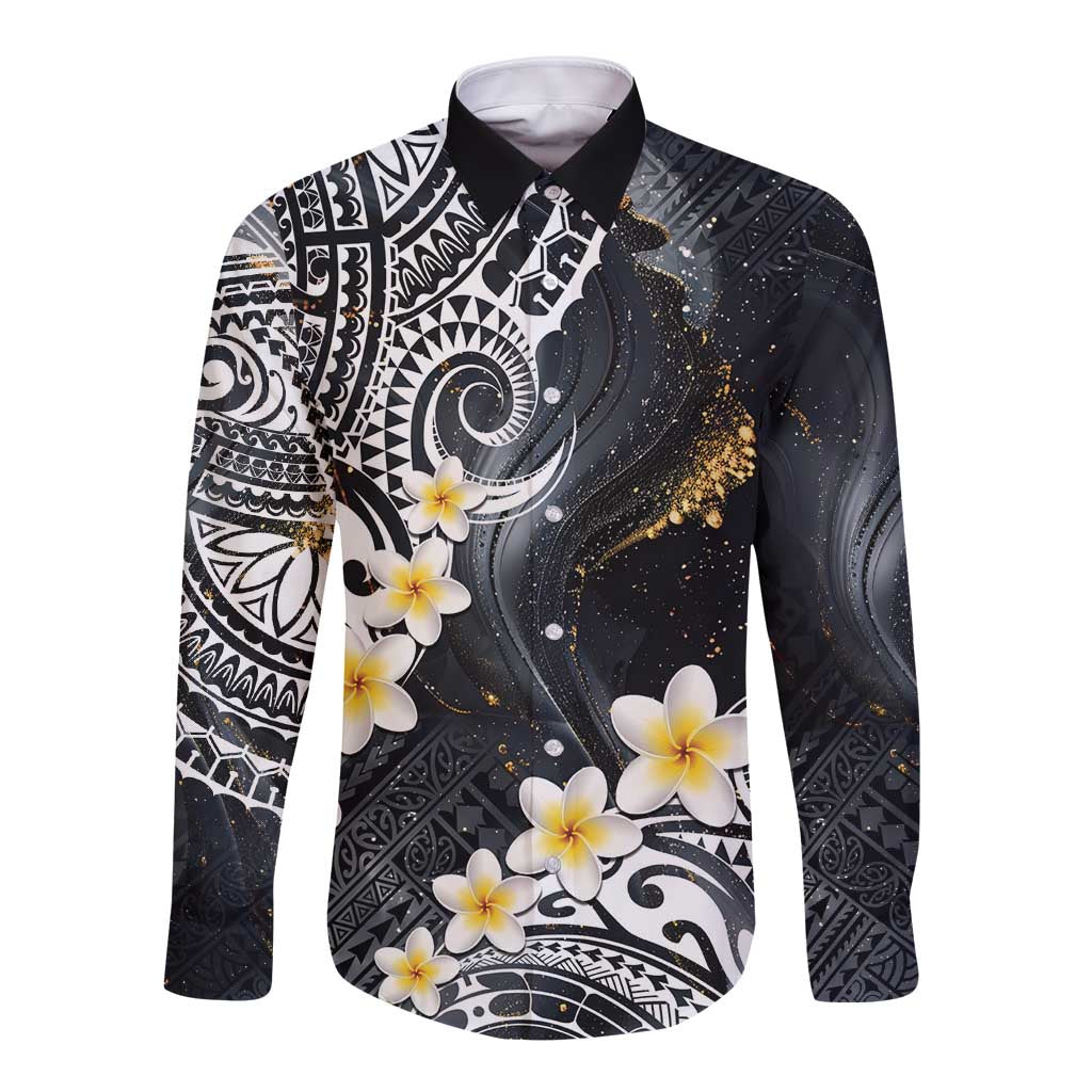 Polynesian Tribal Tattoo Long Sleeve Button Shirt Plumeria Black Gold Marble Pattern LT9 Unisex Black - Polynesian Pride