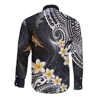 Polynesian Tribal Tattoo Long Sleeve Button Shirt Plumeria Black Gold Marble Pattern LT9 - Polynesian Pride