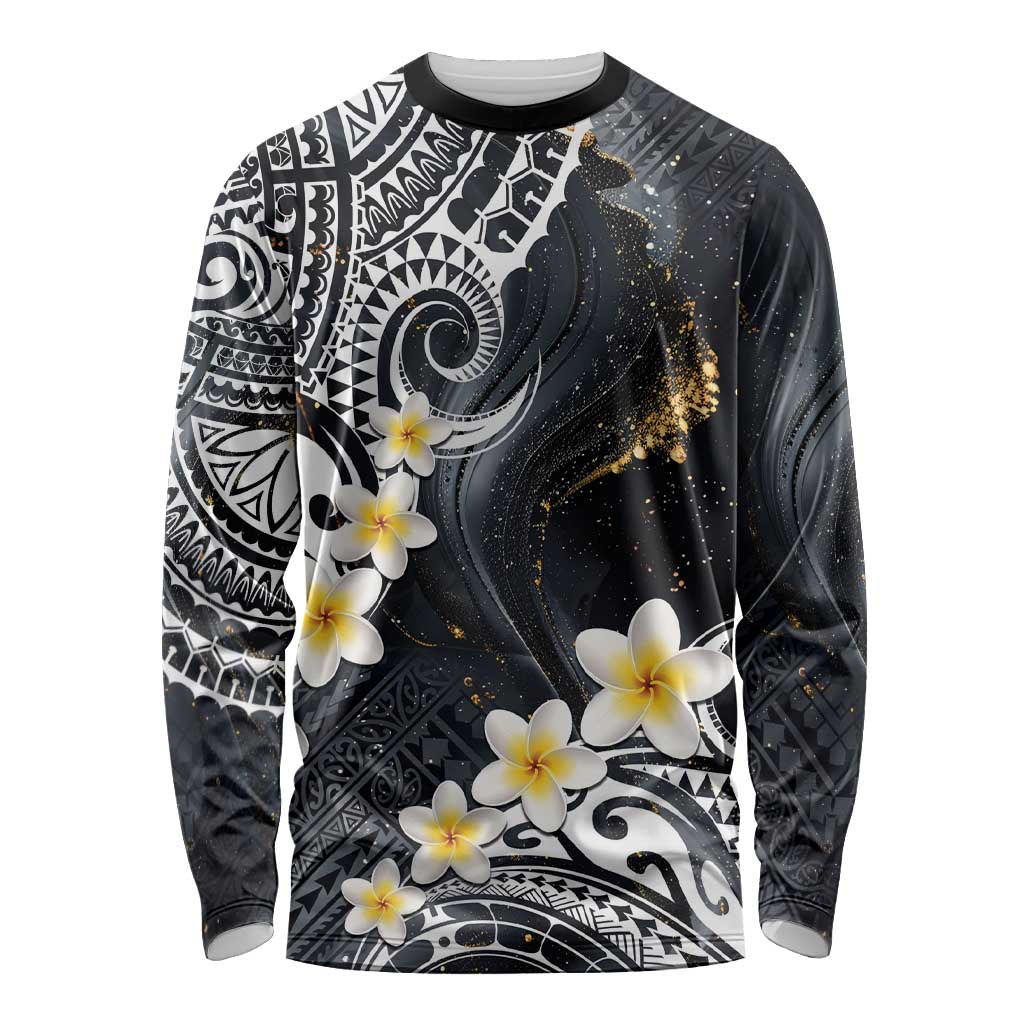 Polynesian Tribal Tattoo Long Sleeve Shirt Plumeria Black Gold Marble Pattern