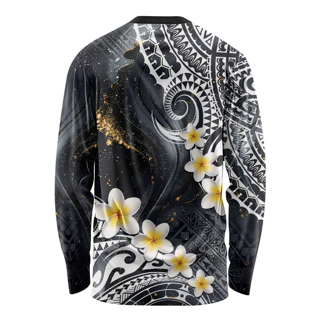Polynesian Tribal Tattoo Long Sleeve Shirt Plumeria Black Gold Marble Pattern