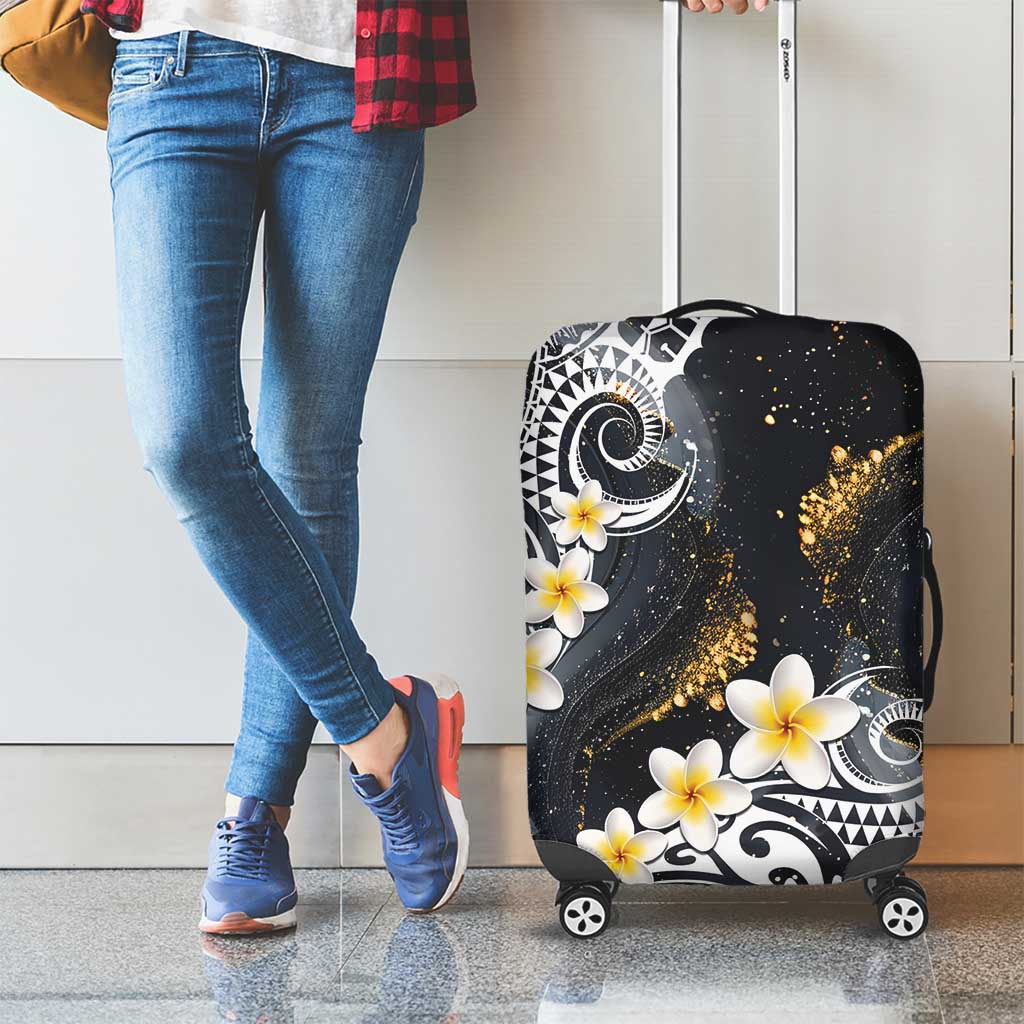 Polynesian Tribal Tattoo Luggage Cover Plumeria Black Gold Marble Pattern