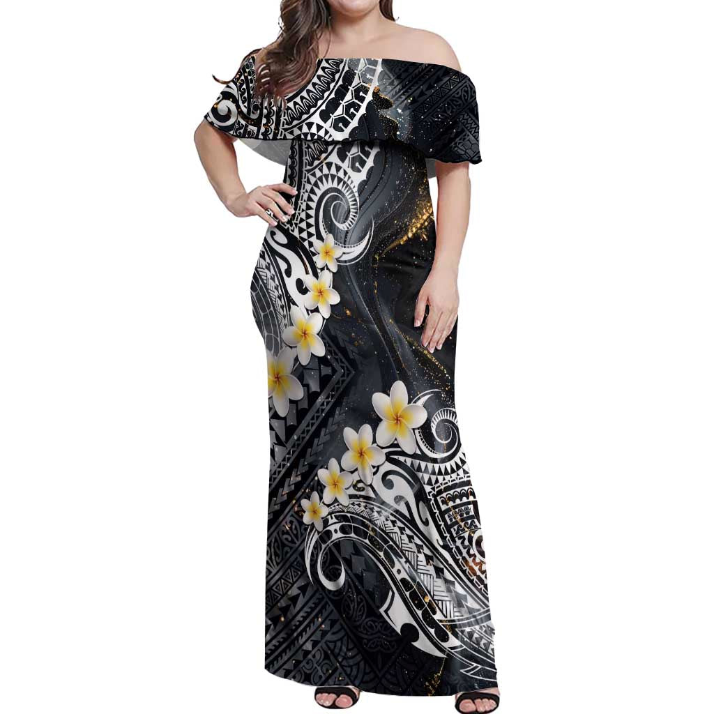 Polynesian Tribal Tattoo Off Shoulder Maxi Dress Plumeria Black Gold Marble Pattern LT9 Women Black - Polynesian Pride