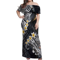 Polynesian Tribal Tattoo Off Shoulder Maxi Dress Plumeria Black Gold Marble Pattern LT9 Women Black - Polynesian Pride