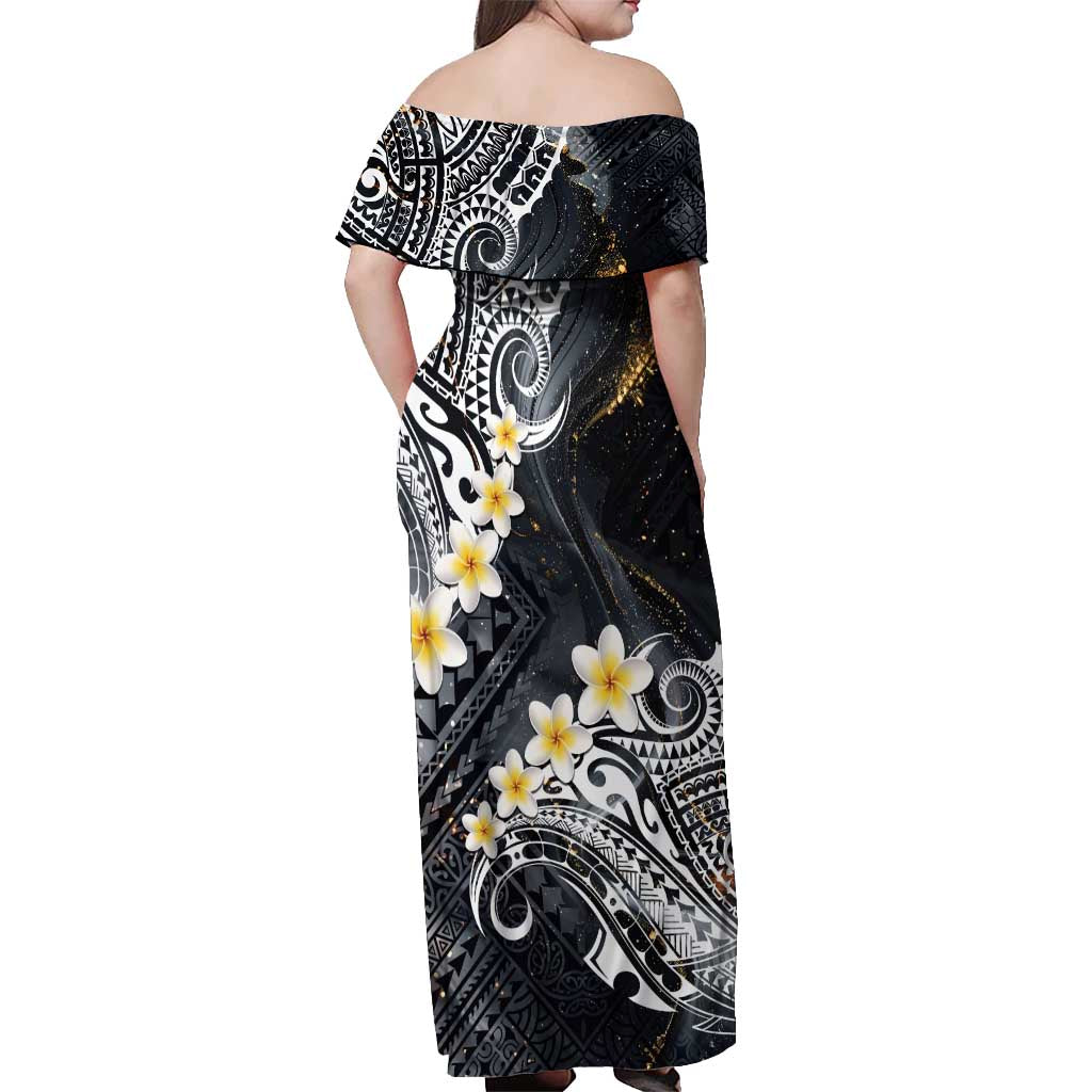 Polynesian Tribal Tattoo Off Shoulder Maxi Dress Plumeria Black Gold Marble Pattern LT9 - Polynesian Pride