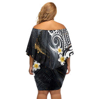 Polynesian Tribal Tattoo Off Shoulder Short Dress Plumeria Black Gold Marble Pattern LT9 - Polynesian Pride