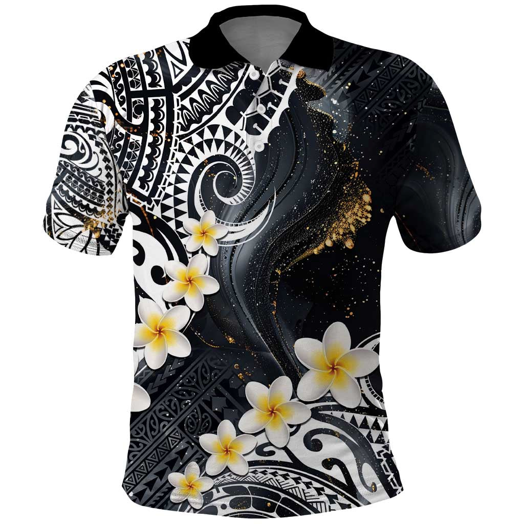 Polynesian Tribal Tattoo Polo Shirt Plumeria Black Gold Marble Pattern