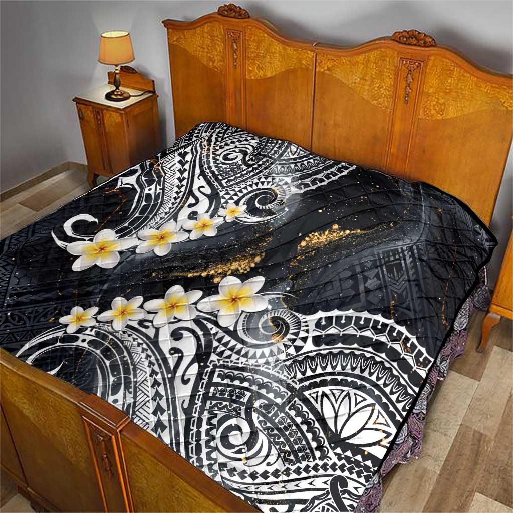 Polynesian Tribal Tattoo Quilt Plumeria Black Gold Marble Pattern