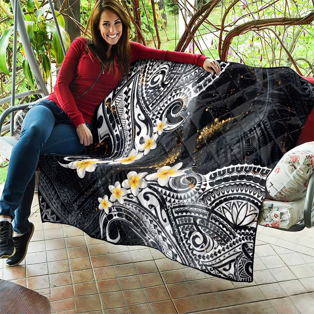 Polynesian Tribal Tattoo Quilt Plumeria Black Gold Marble Pattern