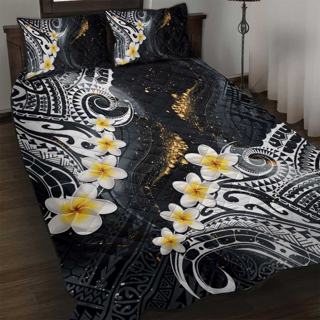 Polynesian Tribal Tattoo Quilt Bed Set Plumeria Black Gold Marble Pattern LT9 Black - Polynesian Pride