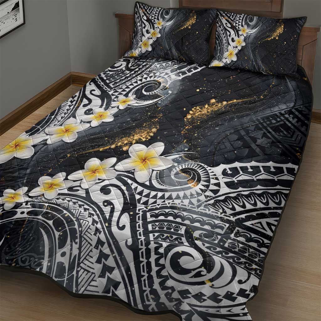 Polynesian Tribal Tattoo Quilt Bed Set Plumeria Black Gold Marble Pattern LT9 - Polynesian Pride
