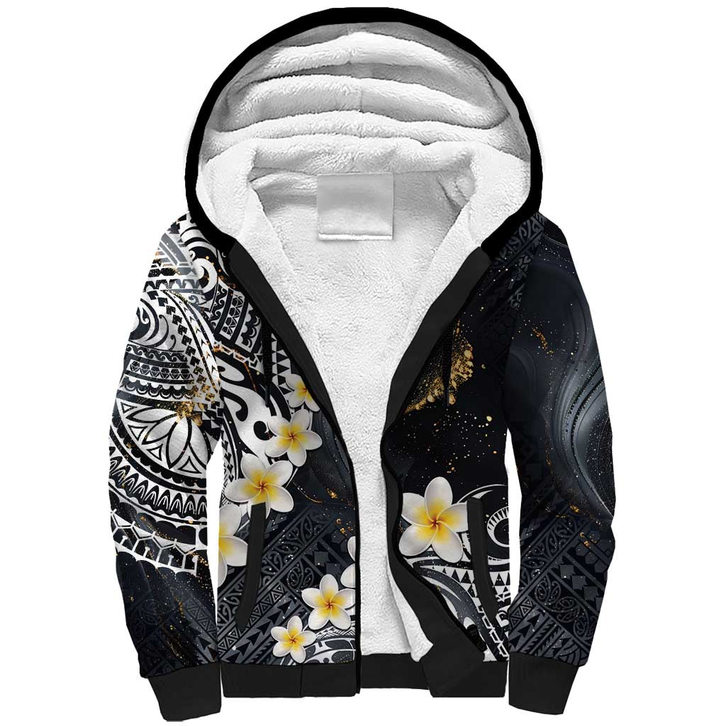Polynesian Tribal Tattoo Sherpa Hoodie Plumeria Black Gold Marble Pattern LT9 Unisex Black - Polynesian Pride