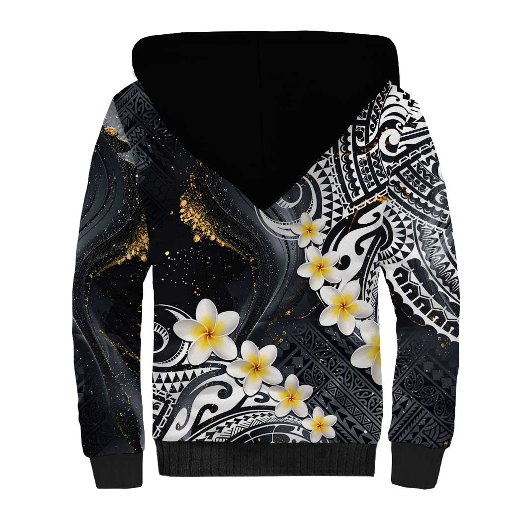 Polynesian Tribal Tattoo Sherpa Hoodie Plumeria Black Gold Marble Pattern LT9 - Polynesian Pride