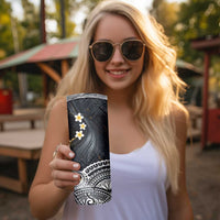 Polynesian Tribal Tattoo Skinny Tumbler Plumeria Black Gold Marble Pattern