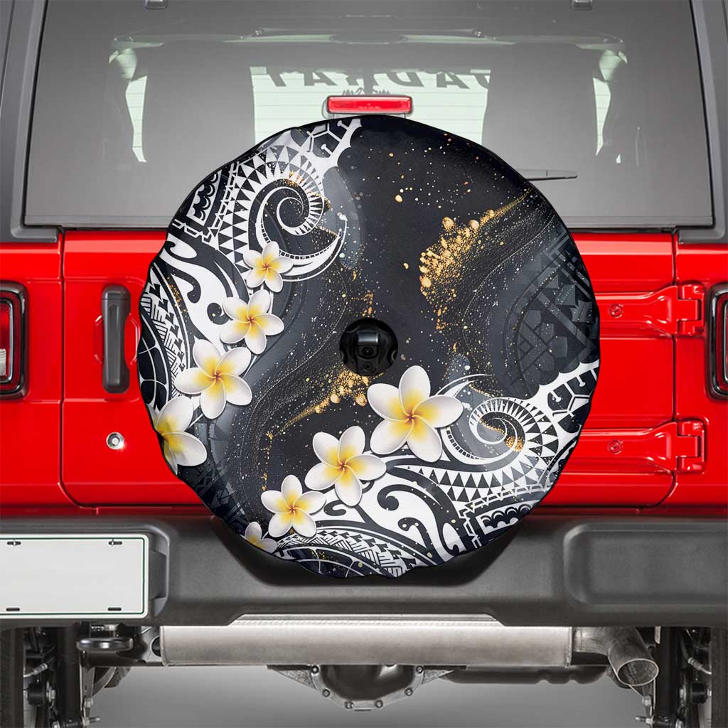 Polynesian Tribal Tattoo Spare Tire Cover Plumeria Black Gold Marble Pattern
