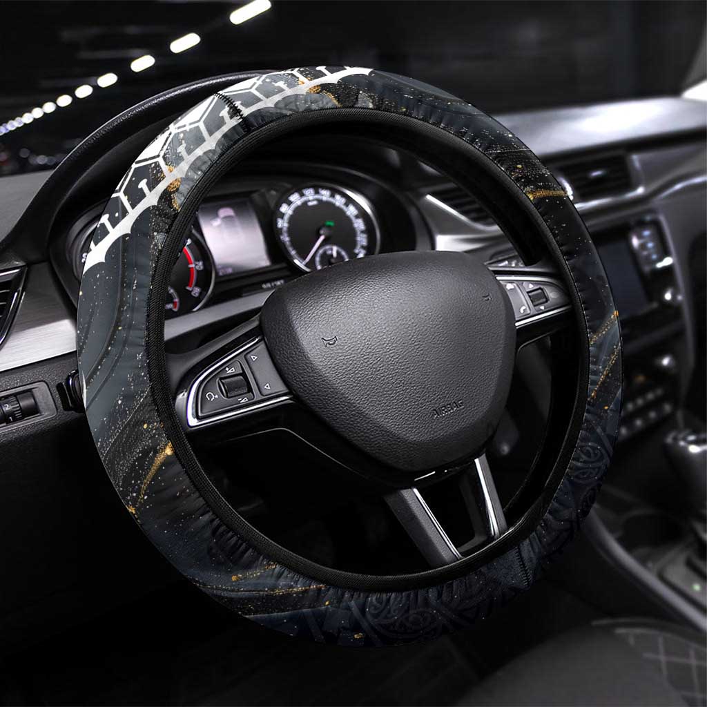 Polynesian Tribal Tattoo Steering Wheel Cover Plumeria Black Gold Marble Pattern LT9 Universal Fit Black - Polynesian Pride