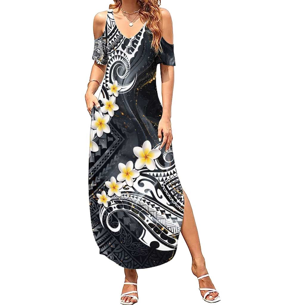 Polynesian Tribal Tattoo Summer Maxi Dress Plumeria Black Gold Marble Pattern LT9 Women Black - Polynesian Pride