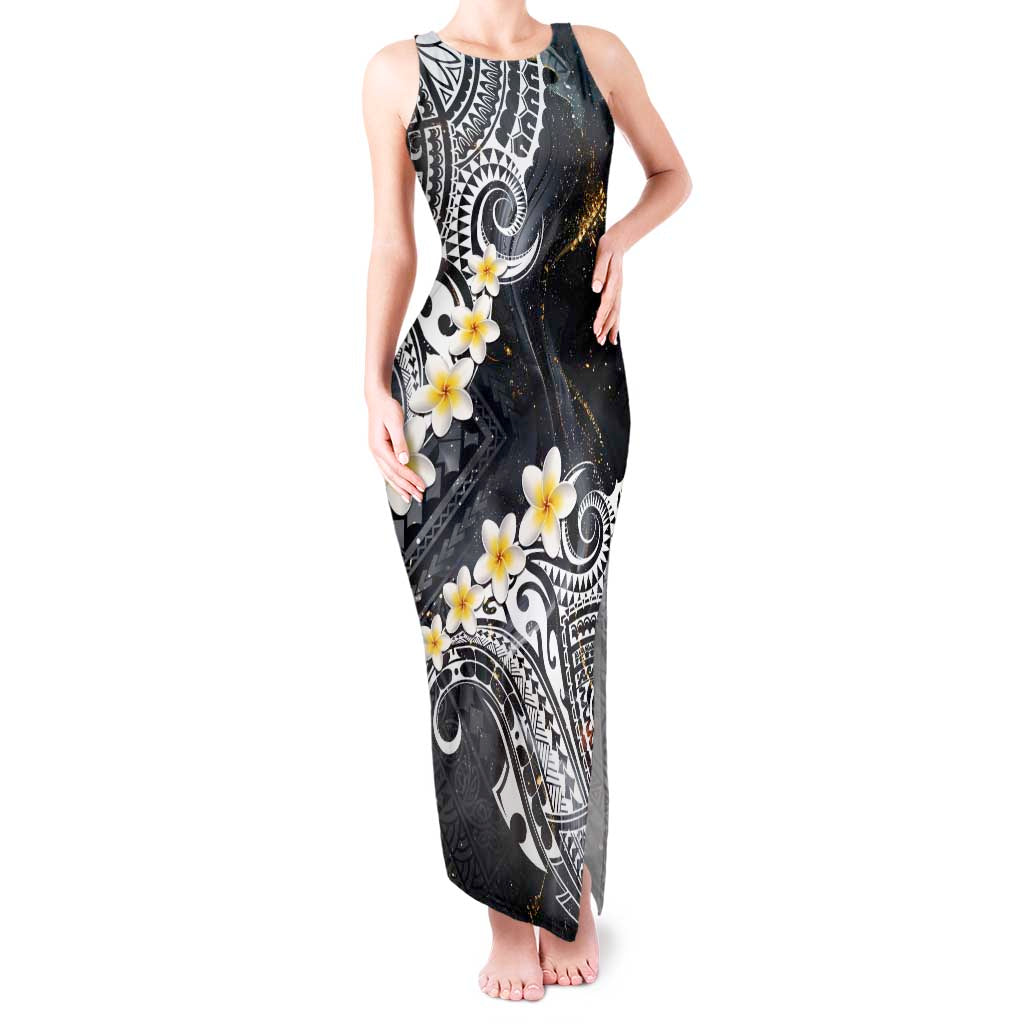 Polynesian Tribal Tattoo Tank Maxi Dress Plumeria Black Gold Marble Pattern LT9 Women Black - Polynesian Pride