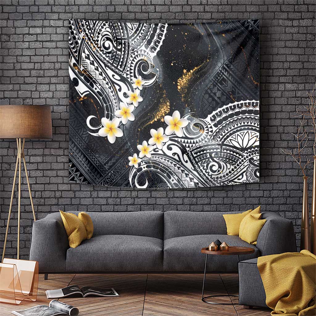 Polynesian Tribal Tattoo Tapestry Plumeria Black Gold Marble Pattern