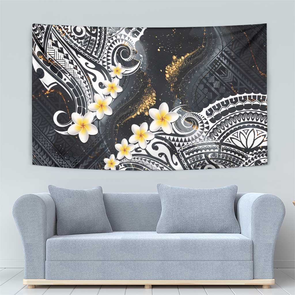 Polynesian Tribal Tattoo Tapestry Plumeria Black Gold Marble Pattern