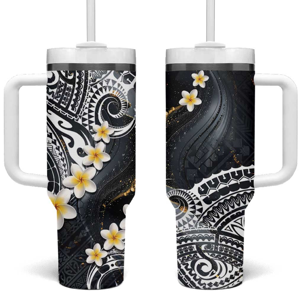 Polynesian Tribal Tattoo Tumbler With Handle Plumeria Black Gold Marble Pattern LT9 One Size: 40 oz Black - Polynesian Pride