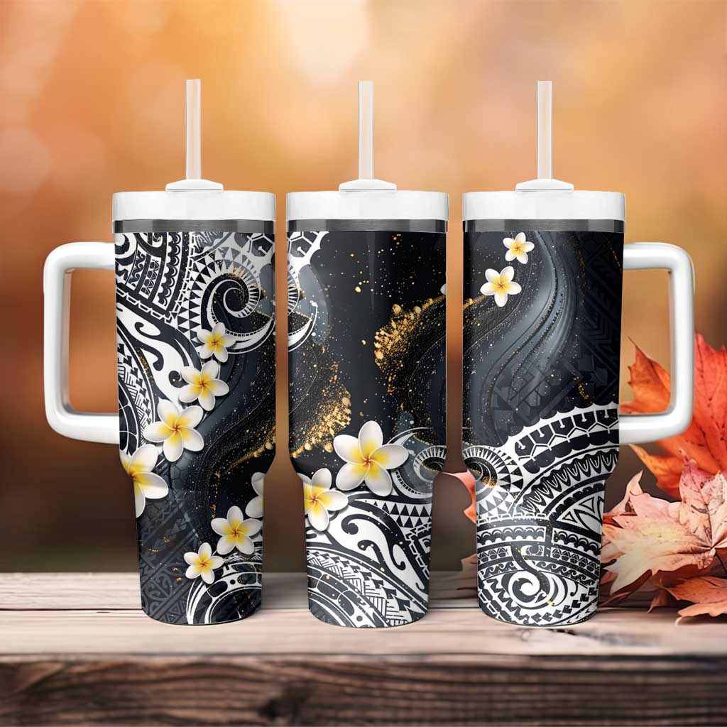 Polynesian Tribal Tattoo Tumbler With Handle Plumeria Black Gold Marble Pattern LT9 - Polynesian Pride