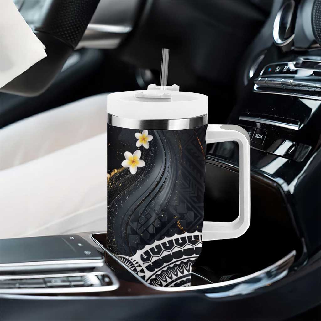 Polynesian Tribal Tattoo Tumbler With Handle Plumeria Black Gold Marble Pattern LT9 - Polynesian Pride