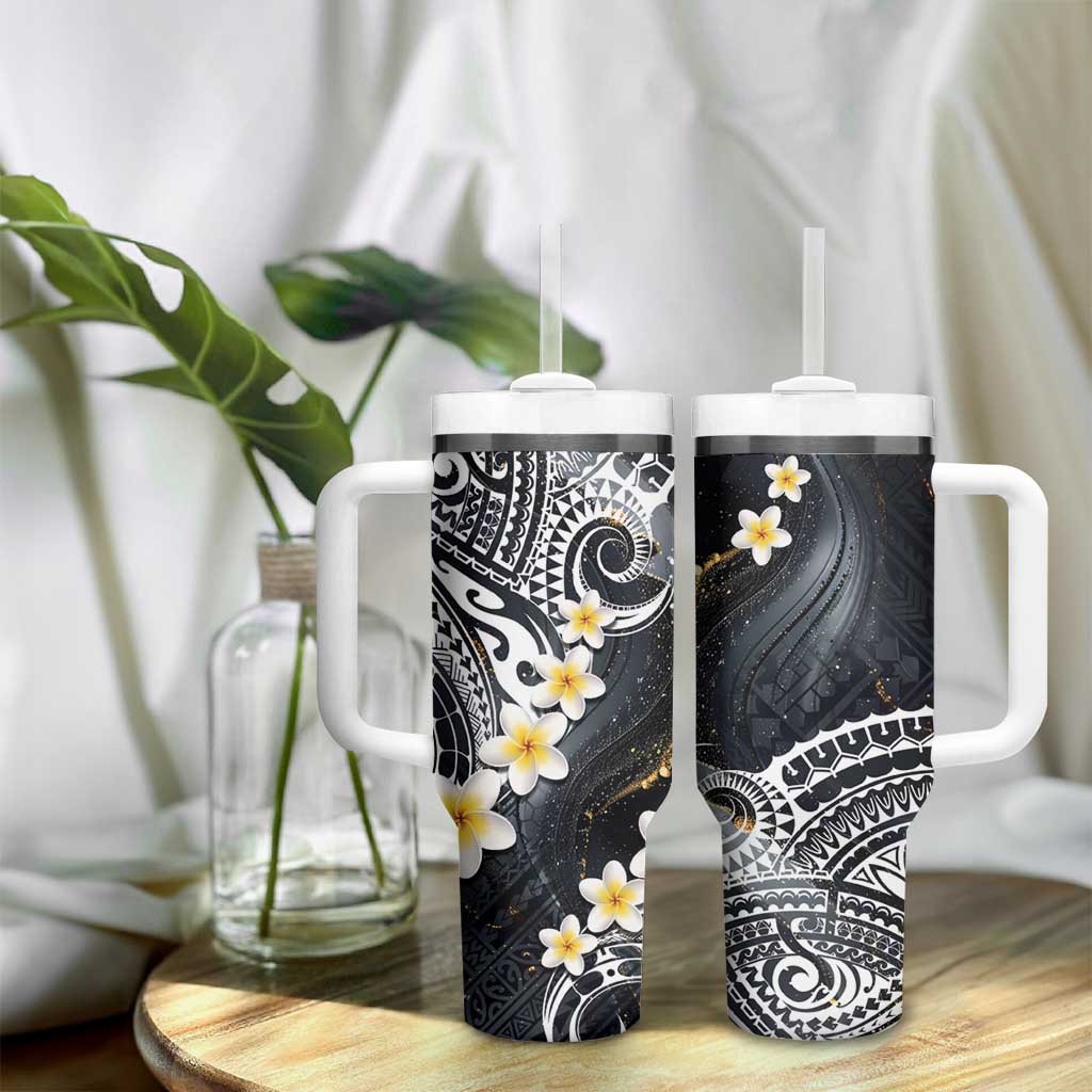 Polynesian Tribal Tattoo Tumbler With Handle Plumeria Black Gold Marble Pattern LT9 - Polynesian Pride