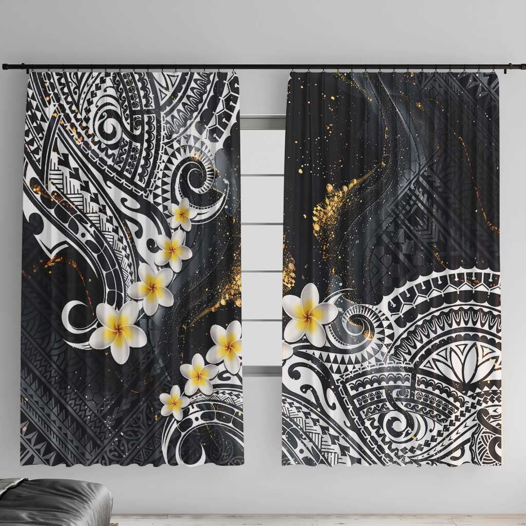 Polynesian Tribal Tattoo Window Curtain Plumeria Black Gold Marble Pattern