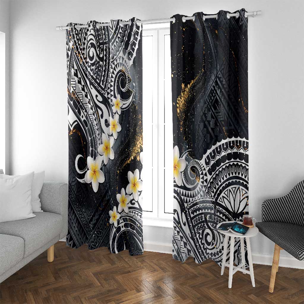 Polynesian Tribal Tattoo Window Curtain Plumeria Black Gold Marble Pattern LT9 With Grommets Black - Polynesian Pride
