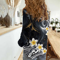 Polynesian Tribal Tattoo Women Casual Shirt Plumeria Black Gold Marble Pattern