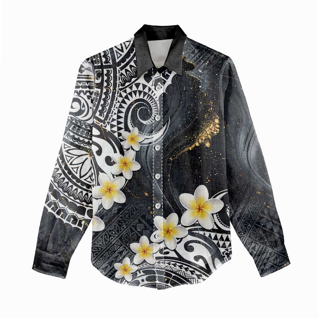 Polynesian Tribal Tattoo Women Casual Shirt Plumeria Black Gold Marble Pattern