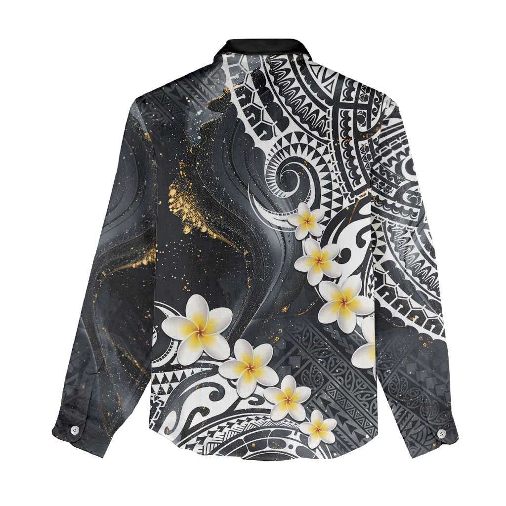 Polynesian Tribal Tattoo Women Casual Shirt Plumeria Black Gold Marble Pattern