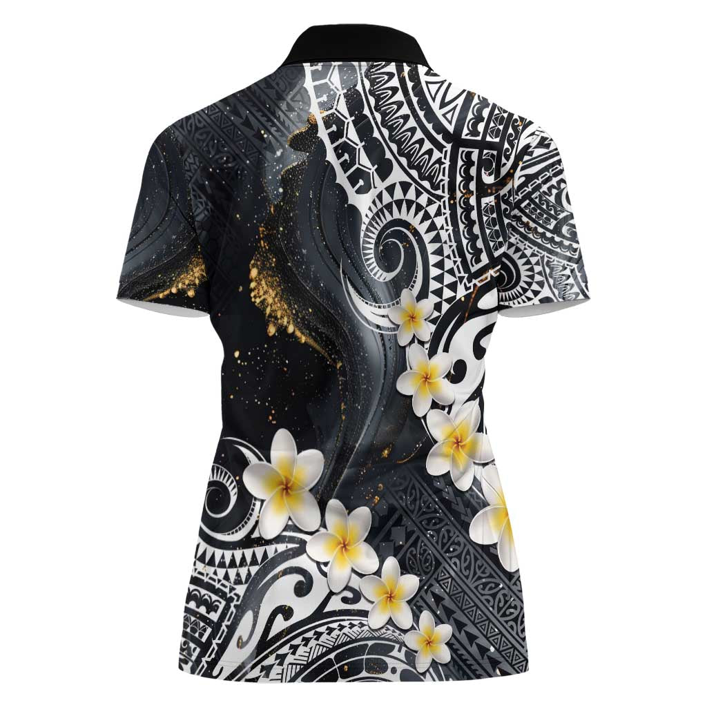 Polynesian Tribal Tattoo Women Polo Shirt Plumeria Black Gold Marble Pattern