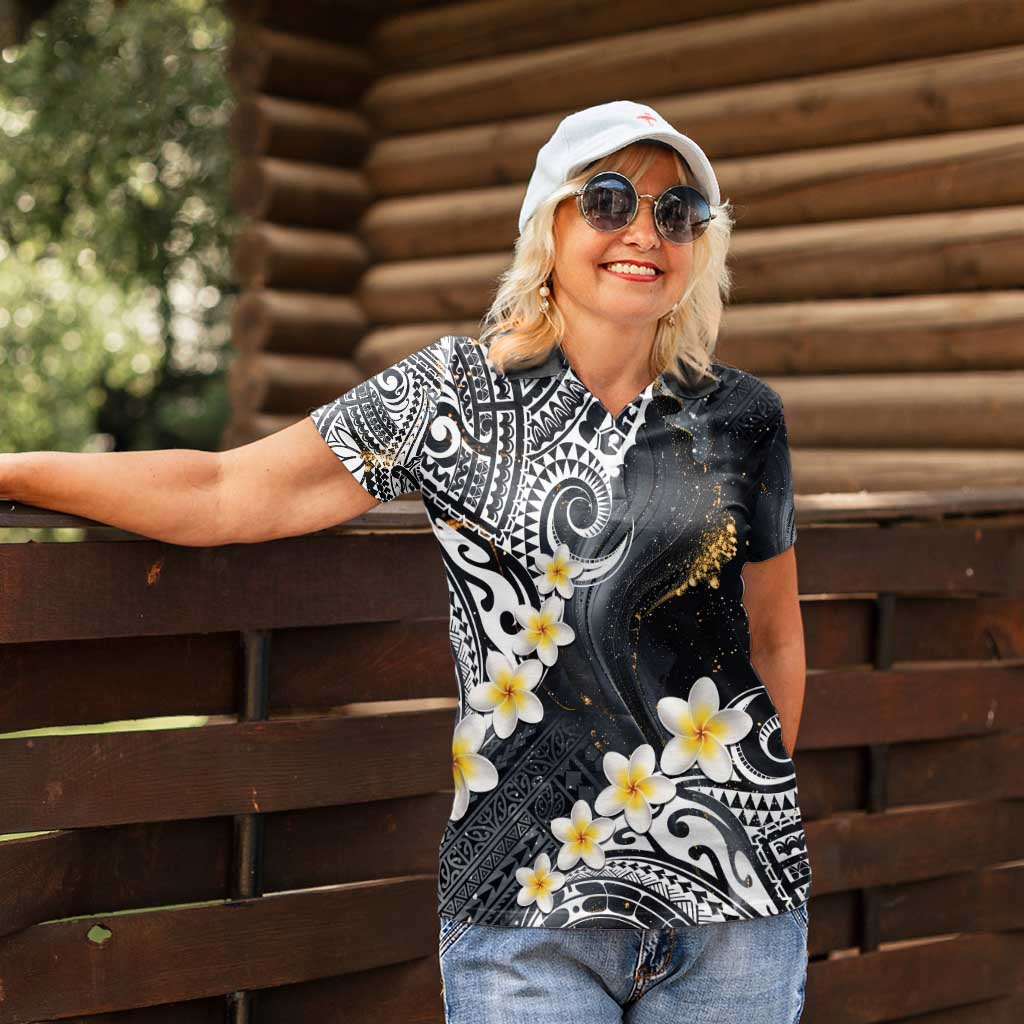 Polynesian Tribal Tattoo Women Polo Shirt Plumeria Black Gold Marble Pattern