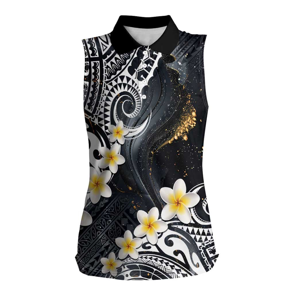 Polynesian Tribal Tattoo Women Sleeveless Polo Shirt Plumeria Black Gold Marble Pattern