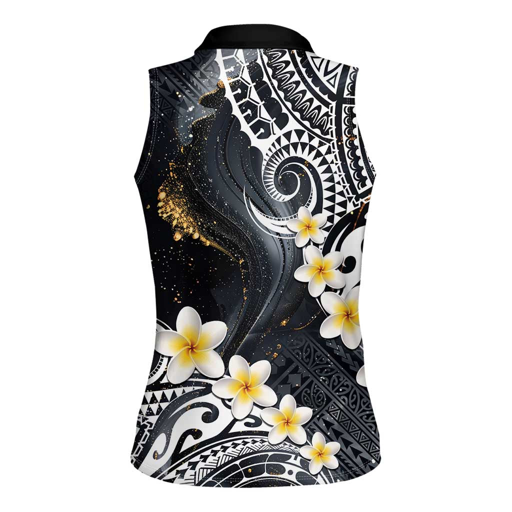 Polynesian Tribal Tattoo Women Sleeveless Polo Shirt Plumeria Black Gold Marble Pattern