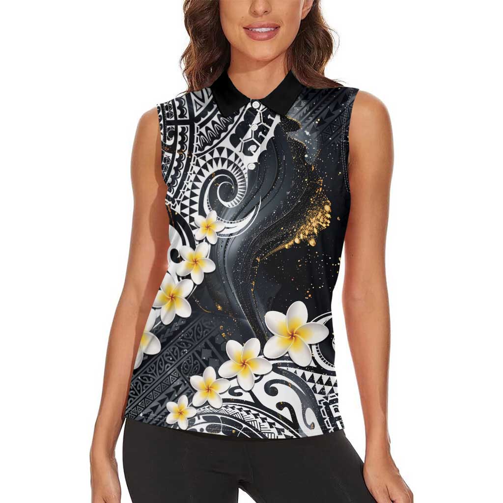 Polynesian Tribal Tattoo Women Sleeveless Polo Shirt Plumeria Black Gold Marble Pattern