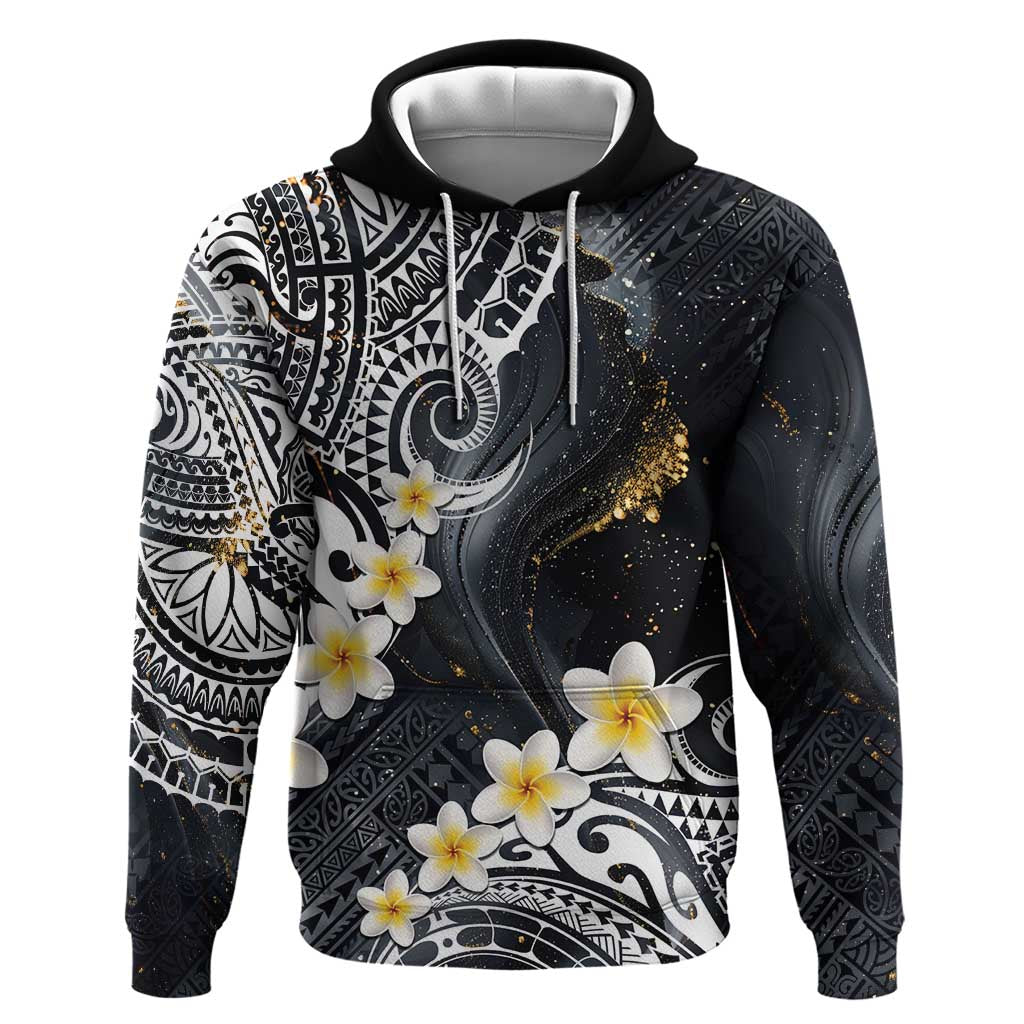 Polynesian Tribal Tattoo Zip Hoodie Plumeria Black Gold Marble Pattern