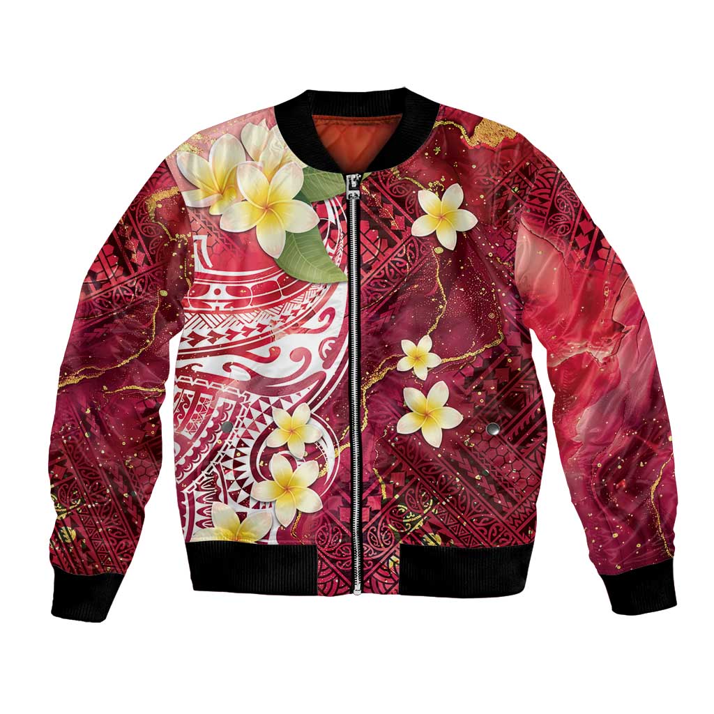 Polynesian Tribal Tattoo Bomber Jacket Plumeria Blood Red and Gold Marble Pattern