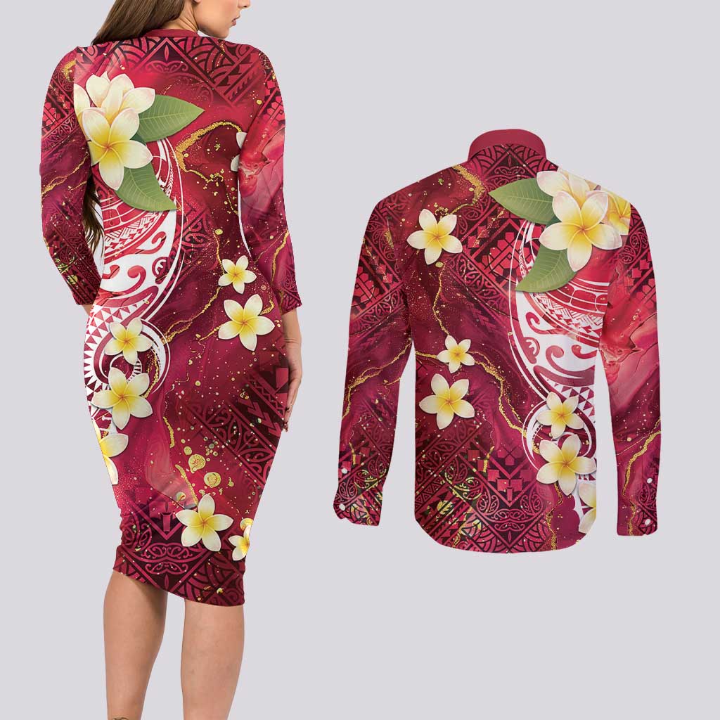 Polynesian Tribal Tattoo Couples Matching Long Sleeve Bodycon Dress and Long Sleeve Button Shirt Plumeria Blood Red and Gold Marble Pattern