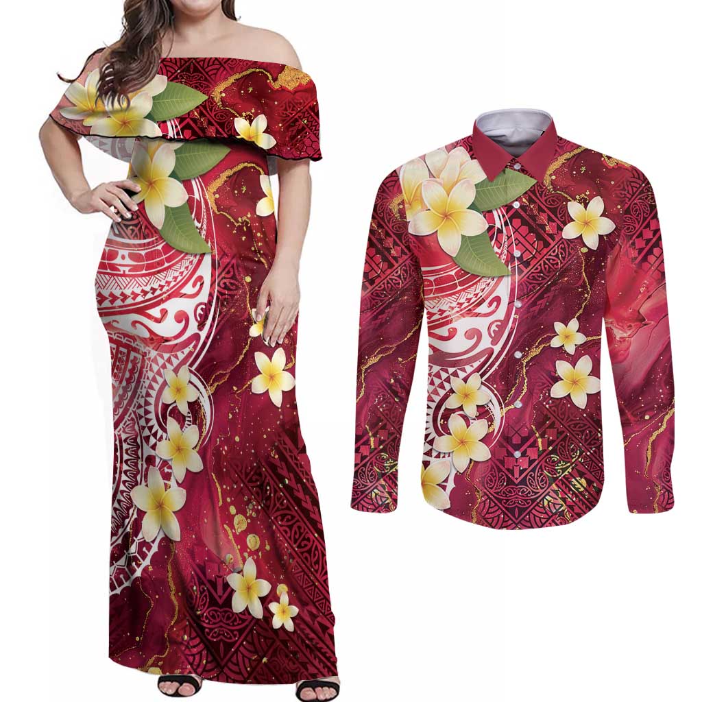 Polynesian Tribal Tattoo Couples Matching Off Shoulder Maxi Dress and Long Sleeve Button Shirt Plumeria Blood Red and Gold Marble Pattern