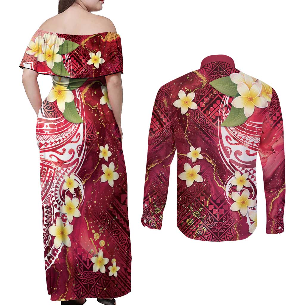 Polynesian Tribal Tattoo Couples Matching Off Shoulder Maxi Dress and Long Sleeve Button Shirt Plumeria Blood Red and Gold Marble Pattern