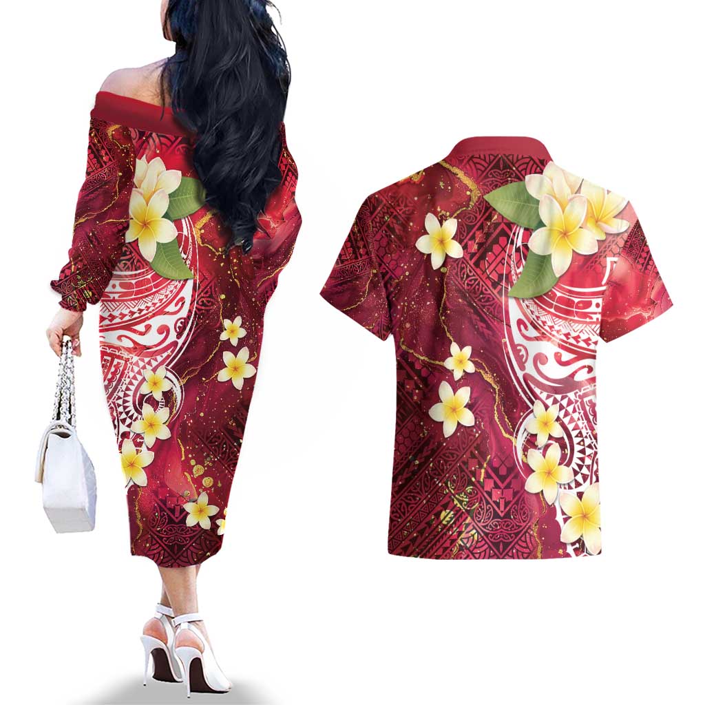 Polynesian Tribal Tattoo Couples Matching Off The Shoulder Long Sleeve Dress and Hawaiian Shirt Plumeria Blood Red and Gold Marble Pattern