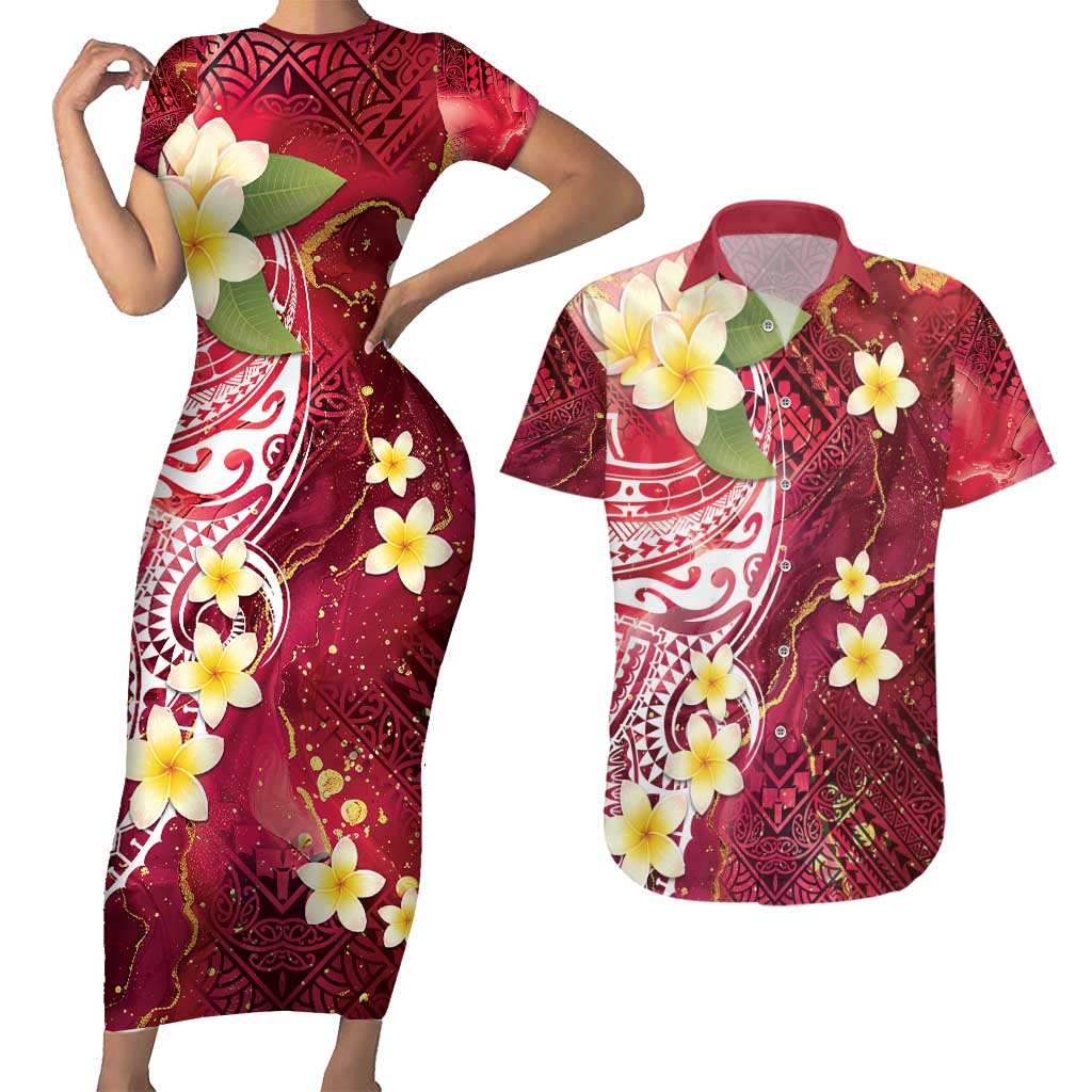 Polynesian Tribal Tattoo Couples Matching Short Sleeve Bodycon Dress and Hawaiian Shirt Plumeria Blood Red and Gold Marble Pattern LT9 Red - Polynesian Pride