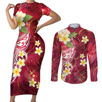 Polynesian Tribal Tattoo Couples Matching Short Sleeve Bodycon Dress and Long Sleeve Button Shirt Plumeria Blood Red and Gold Marble Pattern