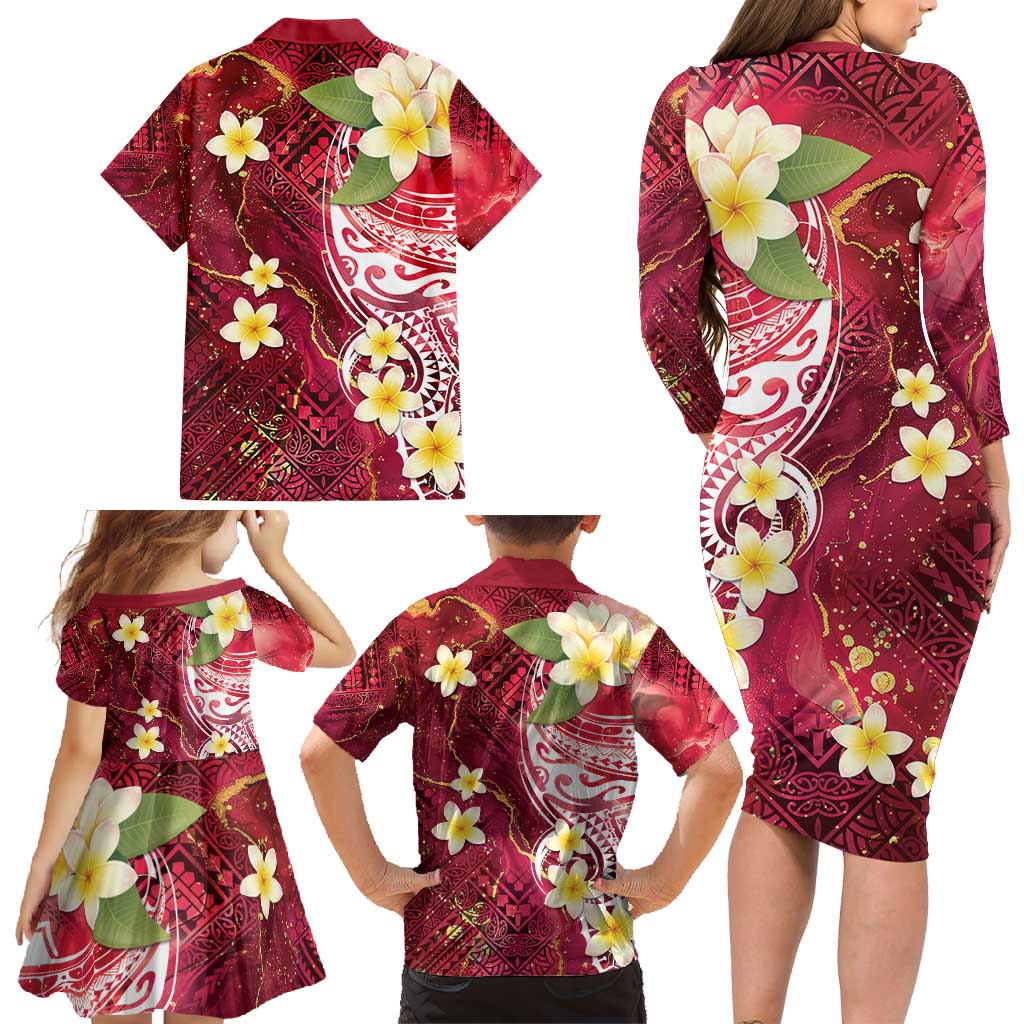 Polynesian Tribal Tattoo Family Matching Long Sleeve Bodycon Dress and Hawaiian Shirt Plumeria Blood Red and Gold Marble Pattern