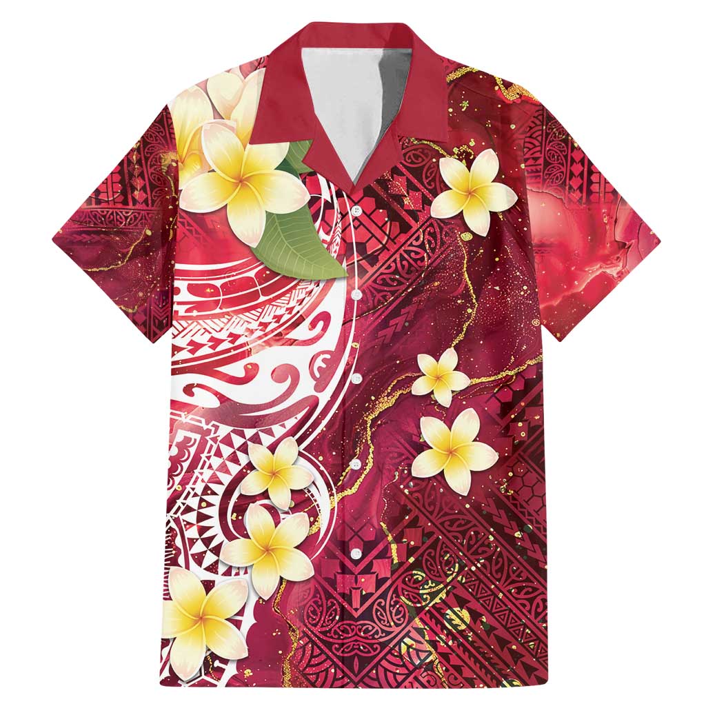 Polynesian Tribal Tattoo Family Matching Mermaid Dress and Hawaiian Shirt Plumeria Blood Red and Gold Marble Pattern