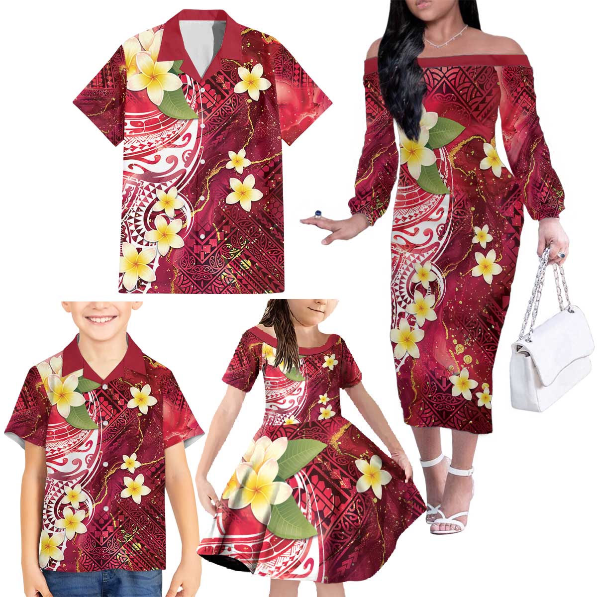 Polynesian Tribal Tattoo Family Matching Off The Shoulder Long Sleeve Dress and Hawaiian Shirt Plumeria Blood Red and Gold Marble Pattern