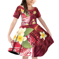 Polynesian Tribal Tattoo Family Matching Off Shoulder Short Dress and Hawaiian Shirt Plumeria Blood Red and Gold Marble Pattern